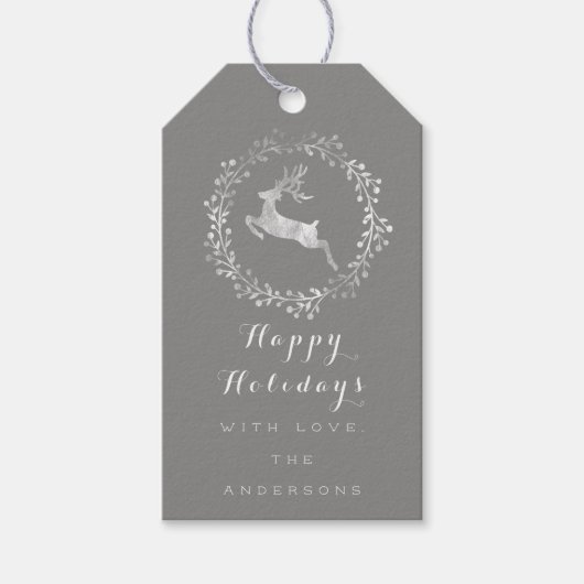 prettige feestdagen Wreath Joy Gray Grey White Dee Cadeaulabel (Voorkant)