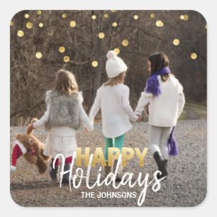 PRETTIGE FEESTDAGEN Xmas Family Goud Wit   FOTO Vierkante Sticker