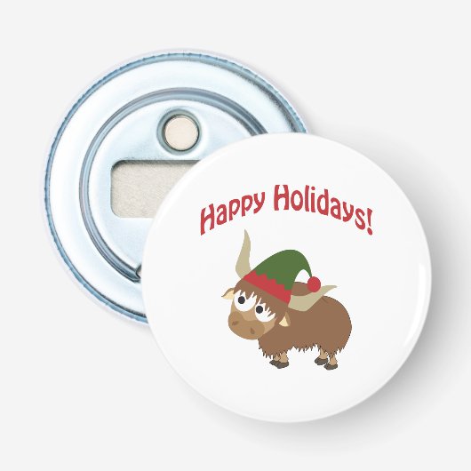 prettige feestdagen! Yak Kerstmis Elf Button Flesopener (Voorkant)