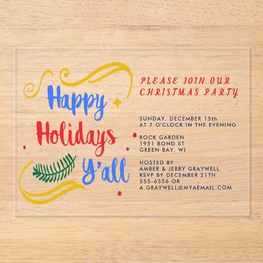 prettige feestdagen Y'all, grappig kerstontwerp Acryl Uitnodigingen (Voorkant)