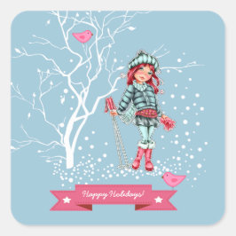 prettige feestdagen. Young Girl Skier Kerstmis Vierkante Sticker