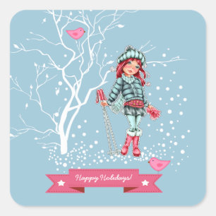 prettige feestdagen. Young Girl Skier Kerstmis Vierkante Sticker