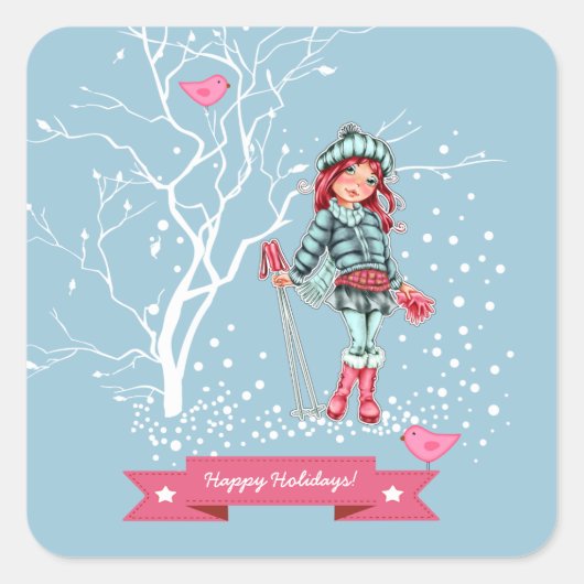 prettige feestdagen. Young Girl Skier Kerstmis Vierkante Sticker (Voorkant)