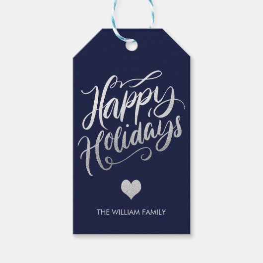 Prettige feestdagen Zilveren folie en navy Blue Cadeaulabel (Voorkant)
