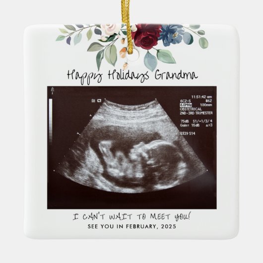 Prettige feestdagen Zwangerschap Sonogram Floral Keramisch Ornament (Voorkant)