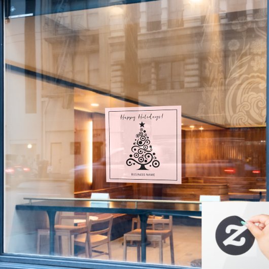 Prettige Feestdagen Zwarde Kerstboom op Licht Roze Raamsticker (Cafe Raam)