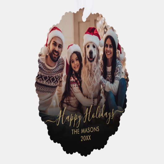 Prettige feestdagen Zwart Goud 2 Foto Kerstmis Ornament Kaart (Rechts)