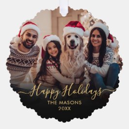 Prettige feestdagen Zwart Goud 2 Foto Kerstmis Ornament Kaart