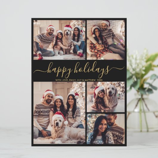 Prettige feestdagen Zwart Goud 5 Foto Feestdagenkaart (Staand voorkant)