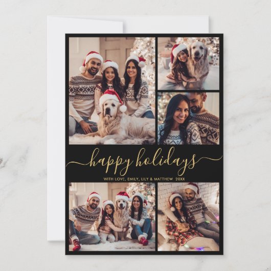 Prettige feestdagen Zwart Goud 5 Foto Feestdagenkaart (Voorkant)