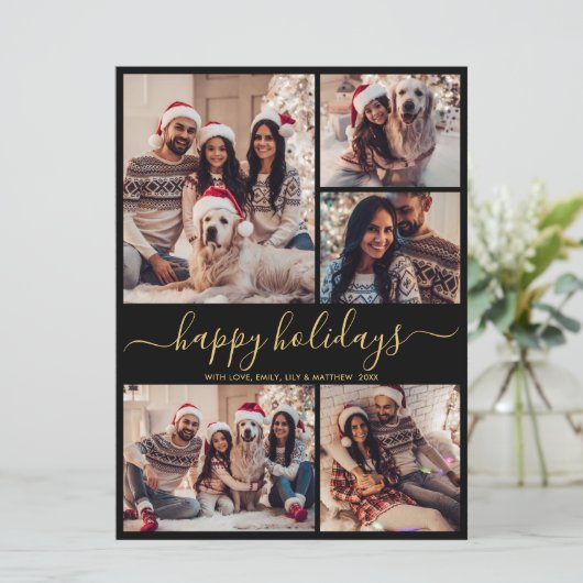 Prettige feestdagen Zwart Goud 5 Foto Feestdagenkaart (Staand voorkant)