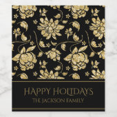 Prettige feestdagen Zwart & Goud Glitter Floral Wijn Etiket (Enkel label)