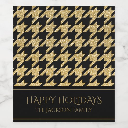 Prettige feestdagen Zwart & Goud Glitter Houndston Wijn Etiket (Enkel label)