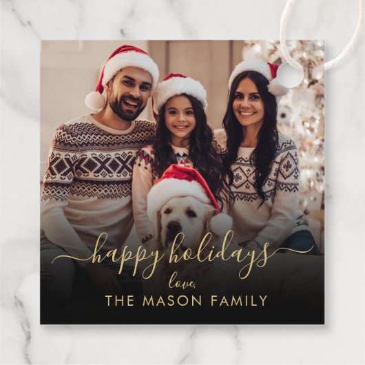 Prettige feestdagen Zwart Goud Script Familiefoto Bedankjes Labels (Achterkant)