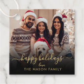 Prettige feestdagen Zwart Goud Script Familiefoto Bedankjes Labels (Voorkant)