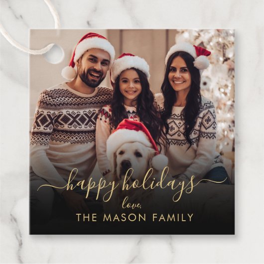 Prettige feestdagen Zwart Goud Script Familiefoto Bedankjes Labels (Voorkant)