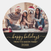 Prettige feestdagen Zwart Goud Script Familiefoto Ronde Sticker (Voorkant)
