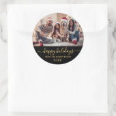 Prettige feestdagen Zwart Goud Script Familiefoto Ronde Sticker (Tas)