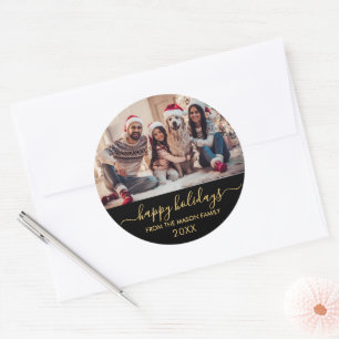 Prettige feestdagen Zwart Goud Script Familiefoto Ronde Sticker