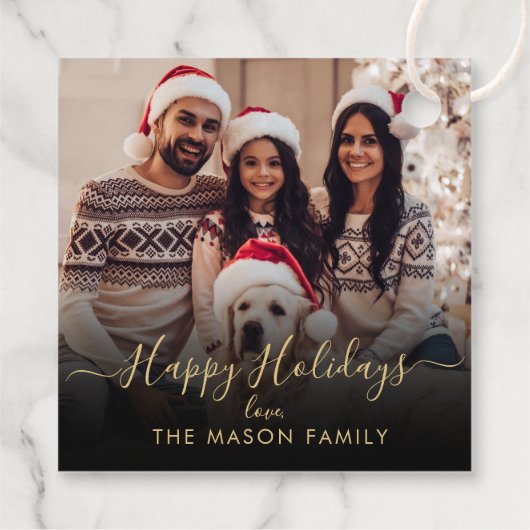 Prettige feestdagen Zwart goud? Script Family Foto Bedankjes Labels (Achterkant)