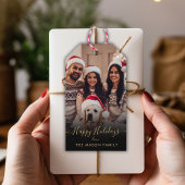 Prettige feestdagen Zwart goud? Script Family Foto Cadeaulabel