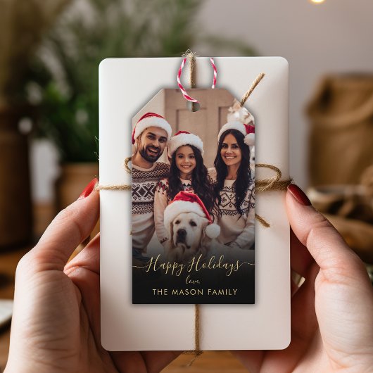 Prettige feestdagen Zwart goud? Script Family Foto Cadeaulabel
