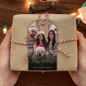 Prettige feestdagen Zwart goud? Script Family Foto Cadeaulabel
