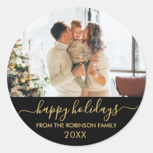 Prettige feestdagen Zwart-gouden scriptfamilie Fot Ronde Sticker