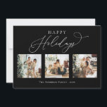 prettige feestdagen zwart multi-fotocollage feestdagenkaart<br><div class="desc">Creëer prachtige herinneringen aan dit vakantieseizoen met deze multi-foto collage vakantiekaart. Deze kaart kenmerkt een modern minimalistisch manuscript met uw favoriete foto's op de voorzijde en op de rug. Pas deze volledig aanpasbare kaart aan met uw begroeting,  bericht,  familienaam en jaar.</div>