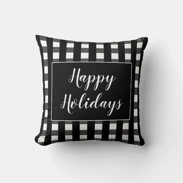 Prettige feestdagen Zwart wit geruite kerst Kussen (Voorkant)