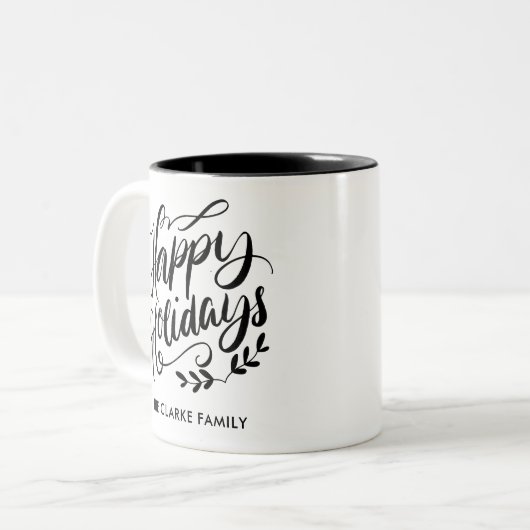 Prettige feestdagen Zwart-wit kalligrafisch Tweekleurige Koffiemok (Voorkant links)
