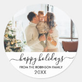 Prettige feestdagen Zwart Wit Script Familie Foto Ronde Sticker (Voorkant)