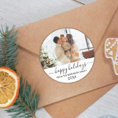 Prettige feestdagen Zwart Wit Script Familie Foto Ronde Sticker