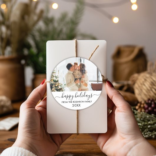 Prettige feestdagen Zwart Wit Script Familie Foto Ronde Sticker