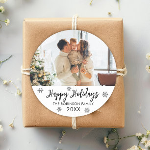Prettige feestdagen Zwart Wit Sneeuwvlok Familie F Ronde Sticker
