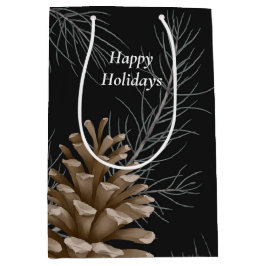 Prettige feestdagen Zwarte en bruine dennenappel Medium Cadeauzakje