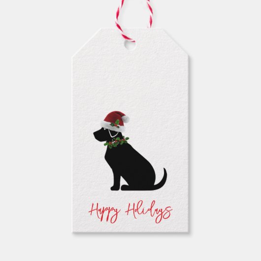 Prettige feestdagen Zwarte Hond Santa Hat Holly Fe Cadeaulabel (Voorkant)