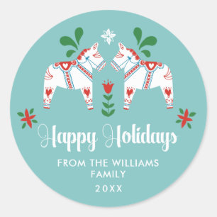 Prettige feestdagen Zweeds Dala Paard Folk Ronde Sticker