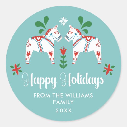 Prettige feestdagen Zweeds Dala Paard Folk Ronde Sticker (Voorkant)