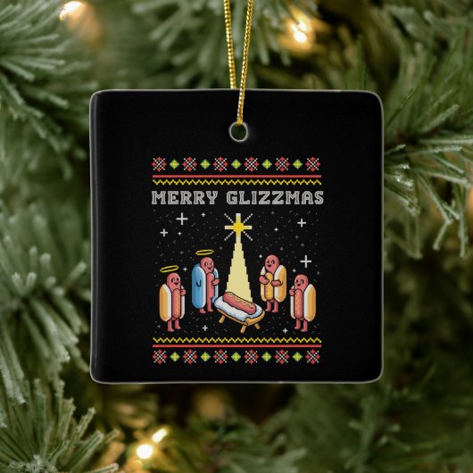 Prettige Glizzmas Lelijke Kerst Hot Dog Kerstmis Keramisch Ornament (Boom)