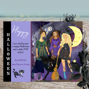Prettige Halloween 3 Heksen Whimsical Illustratie Feestdagenkaart