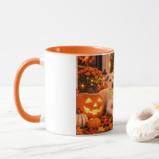 Prettige Halloween-hond en Jack-o'-Lantern mok