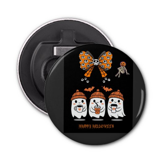 Prettige Halloween - knuffelige spookkoffie Button Flesopener (Voorkant)