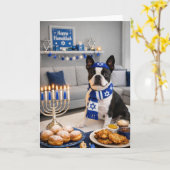 Prettige Hanukkah Boston Terrier Kaart (Gele Bloem)