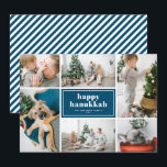 Prettige Hanukkah-typografie Blauwe fotocollage Feestdagenkaart<br><div class="desc">Prettig Hanukkah! Stuur feestelijke wensen en groeten met deze moderne en stijlvolle feestdag fotokaart. Deze bevat retro vette typografie met wit en blauw diagonaal streeppatroon. Personaliseer door uw favoriete foto's, groet, namen en andere details toe te voegen. De teksten zijn volledig bewerkbaar. Beschikbaar als een kaart, gevouwen kaart en ansichtkaart....</div>