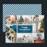 Prettige Hanukkah-typografie Blauwe fotocollage Feestdagenkaart<br><div class="desc">Prettig Hanukkah! Stuur feestelijke wensen en groeten met deze moderne en stijlvolle feestdag fotokaart. Deze bevat retro vette typografie met wit en blauw diagonaal streeppatroon. Personaliseer door uw favoriete foto's, groet, namen en andere details toe te voegen. De teksten zijn volledig bewerkbaar. Beschikbaar als een kaart, gevouwen kaart en ansichtkaart....</div>