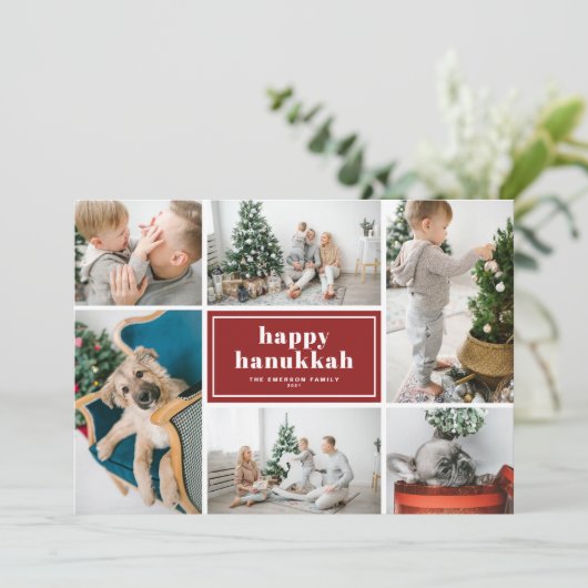 Prettige Hanukkah-typografie Rood Fotocollage Feestdagenkaart (Staand voorkant)