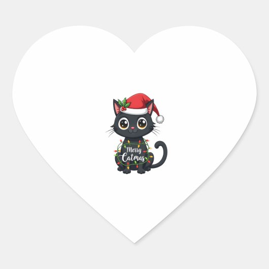 Prettige Kattenkerstmis Zwarte Kat Kerstlicht Kers Hart Sticker (Voorkant)