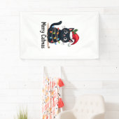 Prettige Kattenkerstmis Zwarte Kat Kerstlicht Kers Spandoek (Insitu)