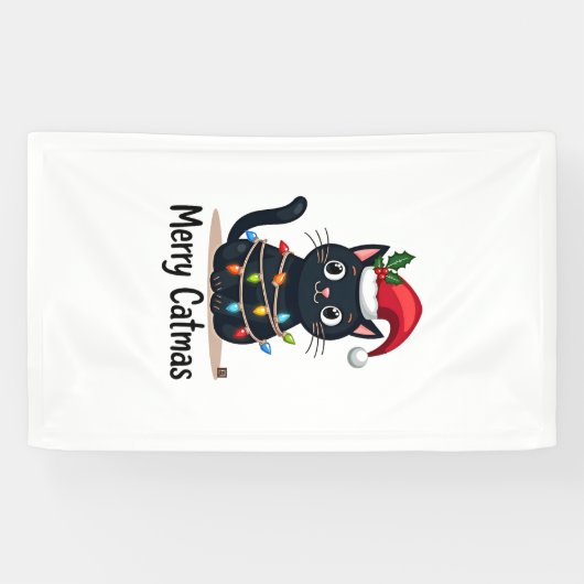 Prettige Kattenkerstmis Zwarte Kat Kerstlicht Kers Spandoek (Horizontaal)